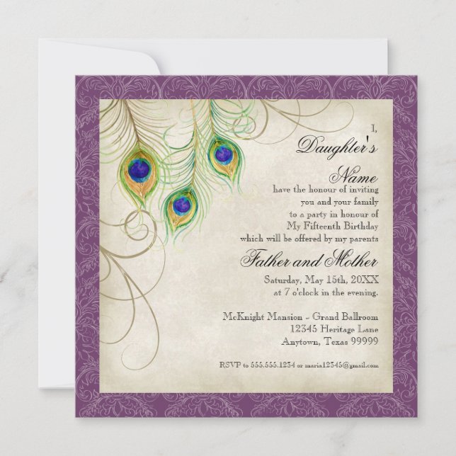 Invitación Peacock Feathers Purple Damask Quinceanera Fiesta (Anverso)