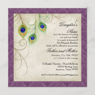 Invitación Peacock Feathers Purple Damask Quinceanera Fiesta