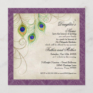 Invitación Peacock Feathers Purple Damask Quinceanera Fiesta