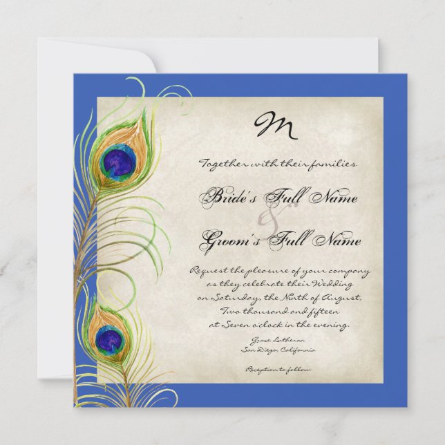 Invitación Peacock Feathers Royal Blue Wedding Invita (Anverso)