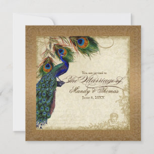 Invitación Peacock & Feathers Vintage Gold Elegant Wedding
