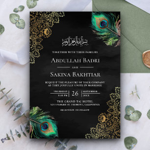 Invitación Peacock Fethers QR Code Black Muslim Boda