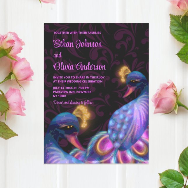 Invitación Peacock Jewel Tones Boda Floral Moody púrpura (Subido por el creador)
