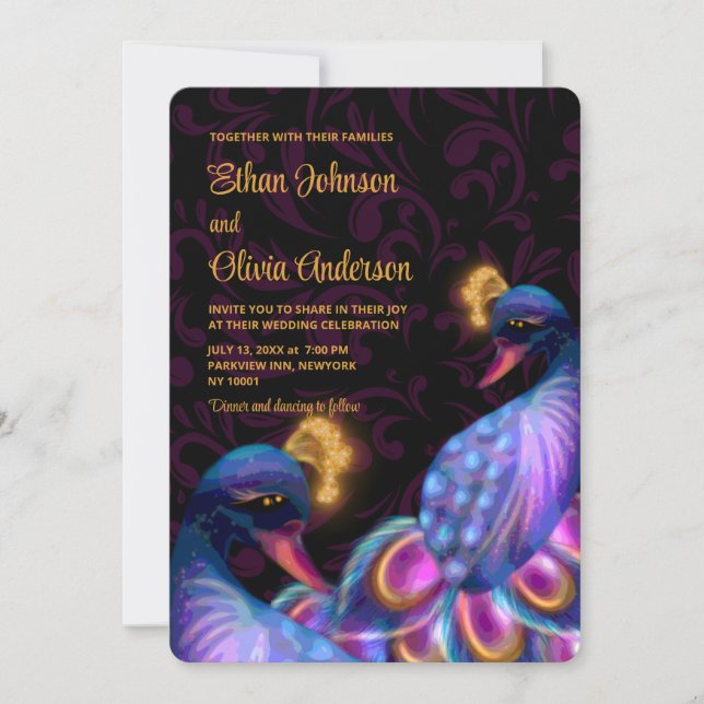 Invitación Peacock Jewel Tones Boda Floral Moody púrpura (Anverso)