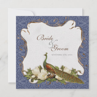 Invitación Peacock Magnolia Floral Swirl Damask Armada