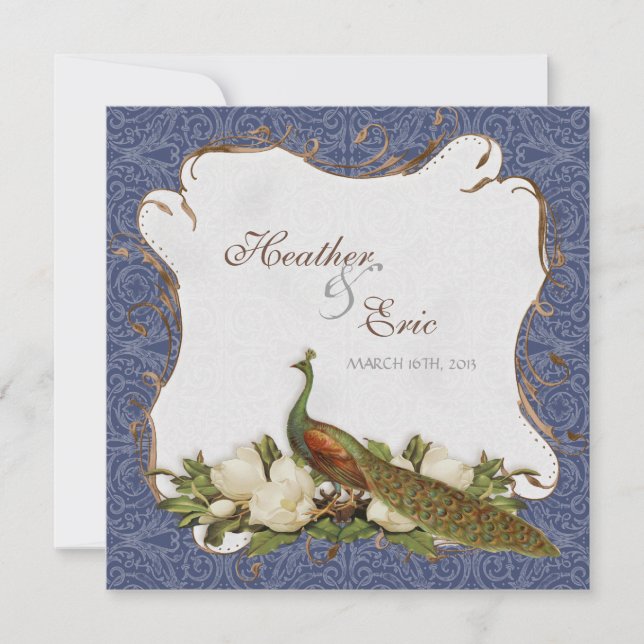 Invitación Peacock Magnolia Floral Swirl Damask Armada (Anverso)