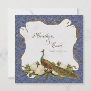 Invitación Peacock Magnolia Floral Swirl Damask Armada