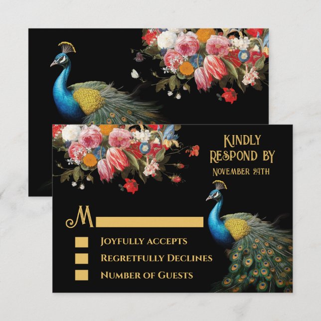 Invitación Peacock Moody Floral Indian Wedding RSVP (Anverso / Reverso)