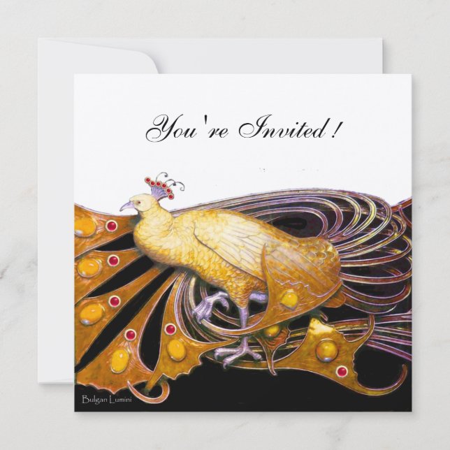 Invitación PEACOCK negro ,amarillo blanco champán metálico (Anverso)