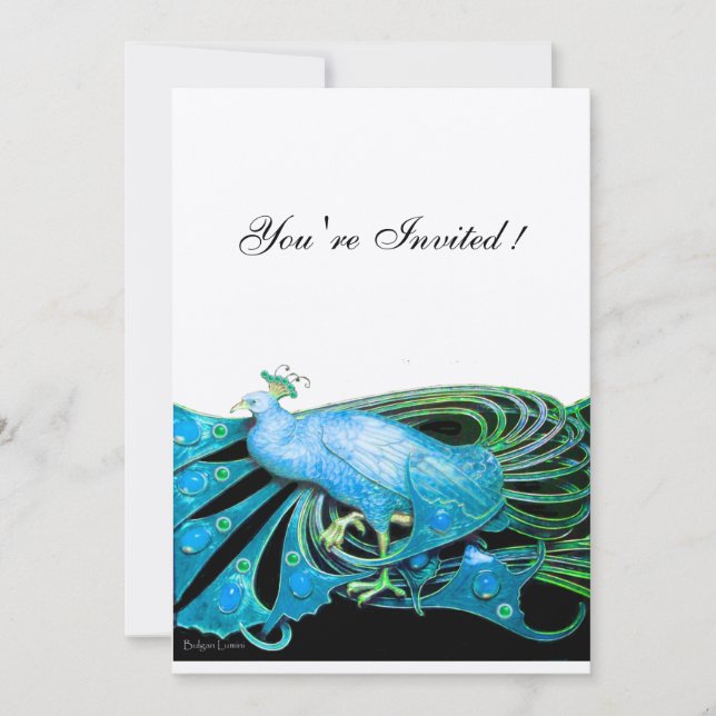 Invitación PEACOCK negro ,papel metálico de champán azul (Anverso)