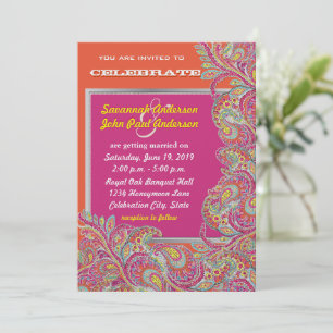 Invitación Peacock Paisley Tangerine Mustard Yellow Fuchsia