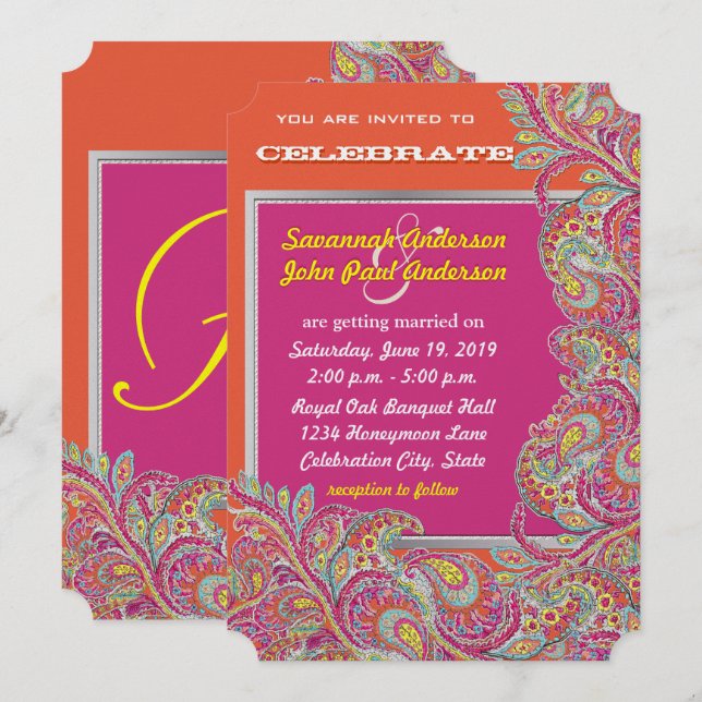 Invitación Peacock Paisley Tangerine Mustard Yellow Fuchsia (Anverso / Reverso)