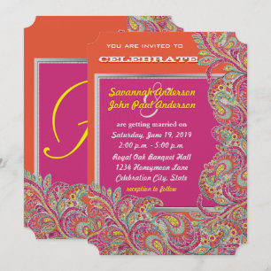 Invitación Peacock Paisley Tangerine Mustard Yellow Fuchsia