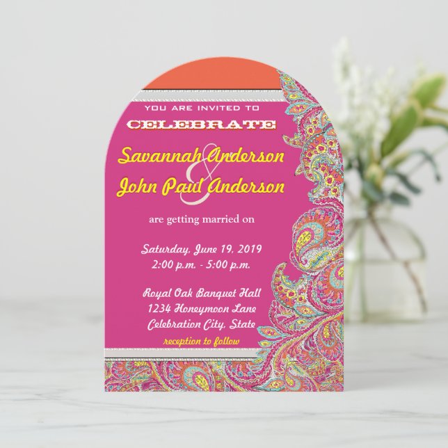 Invitación Peacock Paisley Tangerine Mustard Yellow Fuchsia (Anverso de pie)