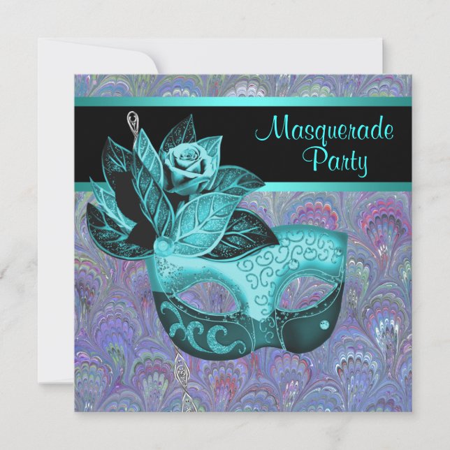 Invitación Peacock Paisley Verde azulado Fiesta de Mascarada  (Anverso)