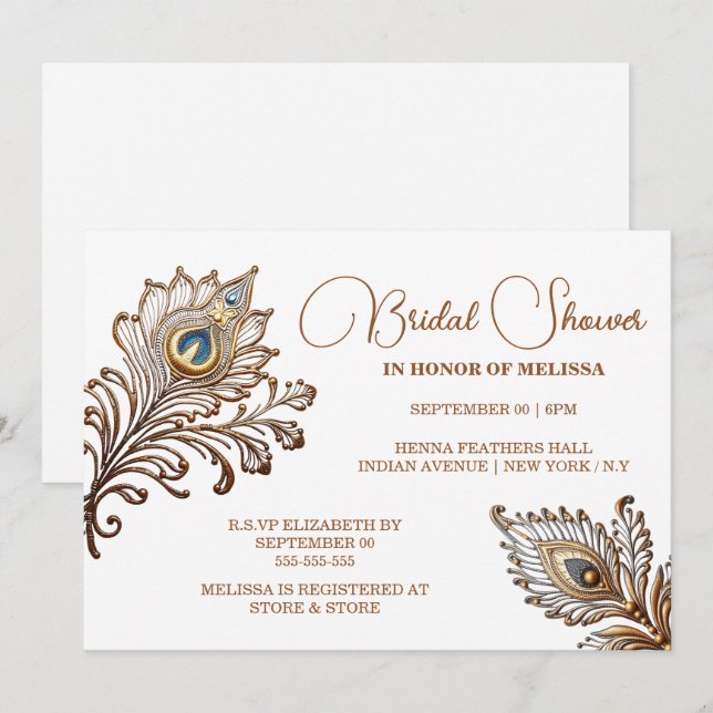 Invitación Peacock plumas henna inspiró a la novia india (Anverso / Reverso)