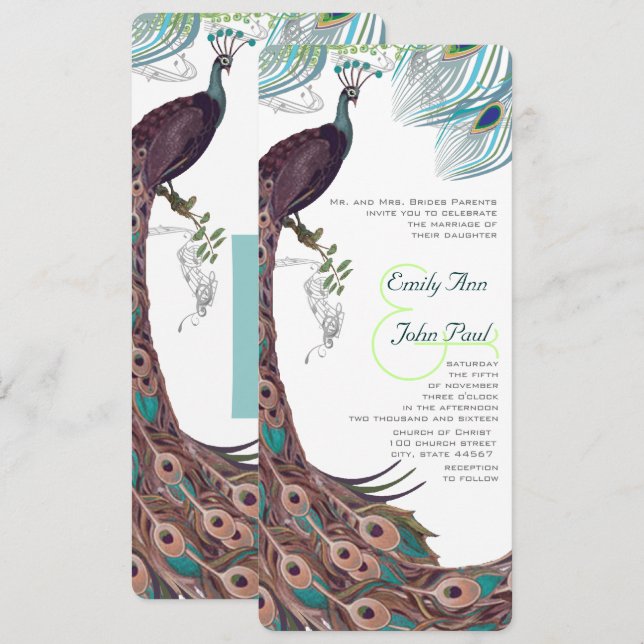 Invitación Peacock Vintage 3 Fethers (Anverso / Reverso)