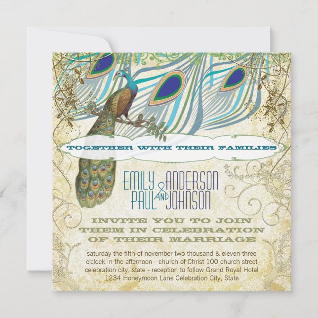 Invitación Peacock Vintage 3 plumas con pavo real (Anverso)