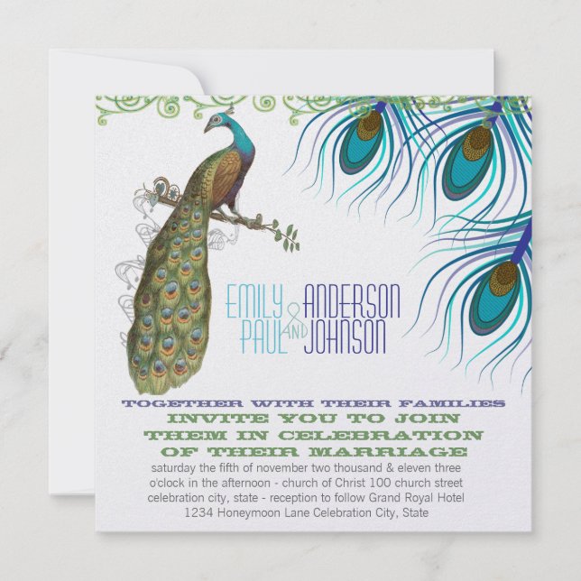 Invitación Peacock Vintage 3 plumas con pavo real (Anverso)