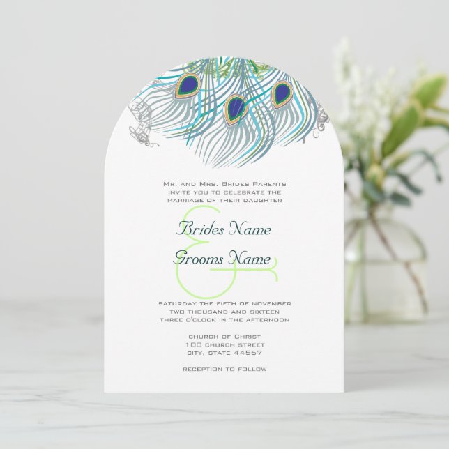 Invitación Peacock Vintage Feathers (Anverso de pie)