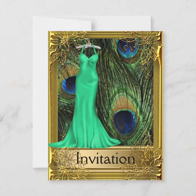 Invitación Peacock y Gold Green Cualquier Fiesta (Anverso)
