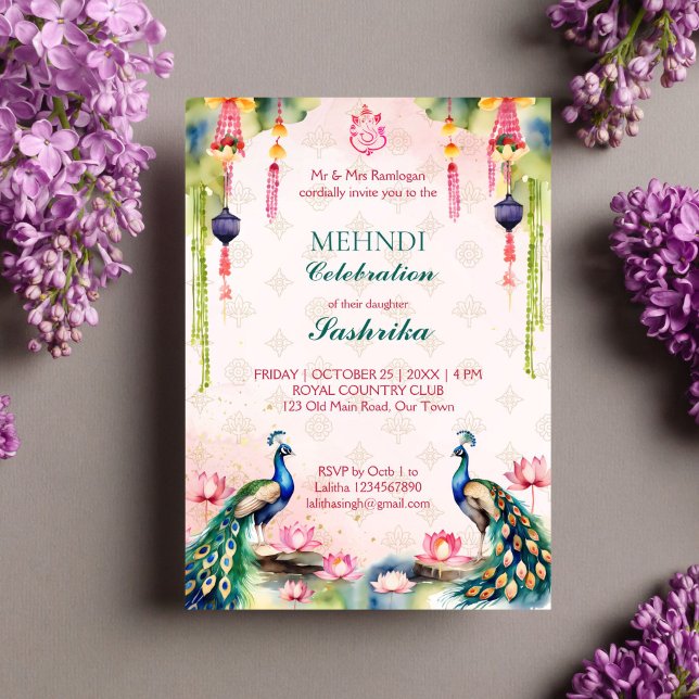 Invitación Peacock y la acuarela de loto Mehndi, boda indio (Peacocks and lotus Indian wedding mehndi invitation editable template instant digital download)