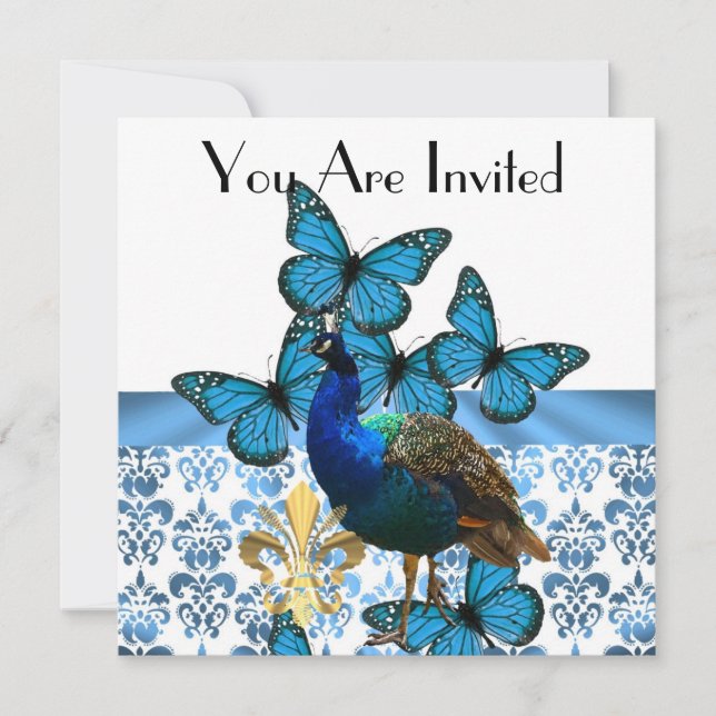 Invitación Peacock y mariposas azules (Anverso)