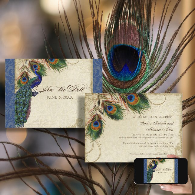 Invitación Peacock y plumas formales salvan la fecha azul de  (Subido por el creador)