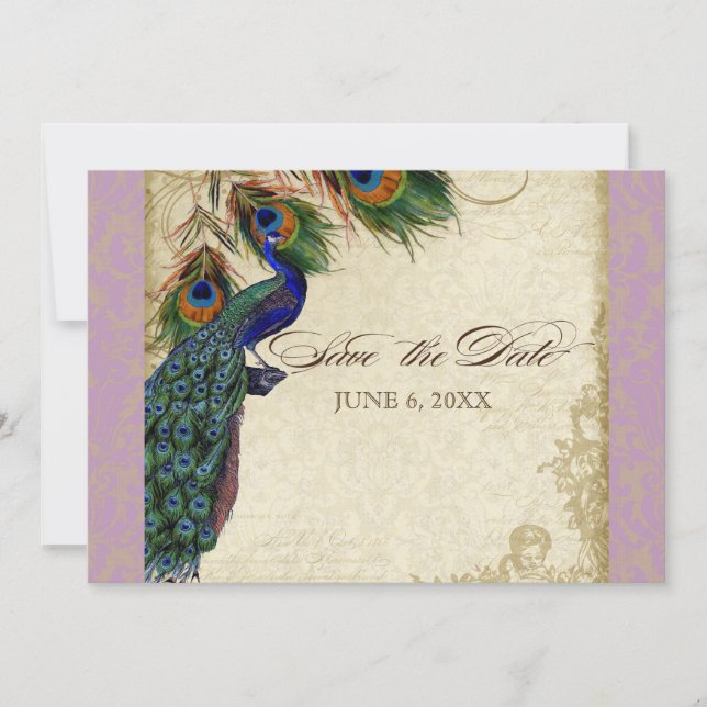 Invitación Peacock y plumas formales Salven la fecha azul de  (Anverso)