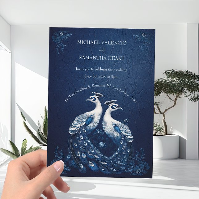 Invitación Peacocks blancos contemporáneos sobre Boda azul de (Subido por el creador)