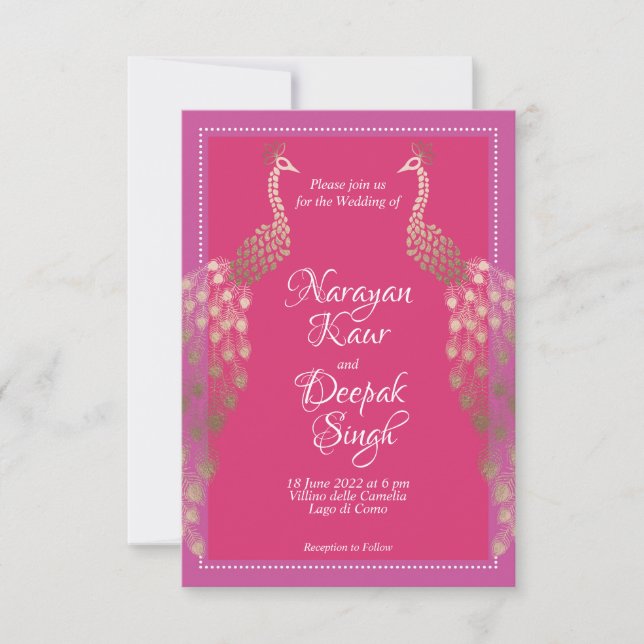 Invitación Peacocks de oro doble indio (Anverso)