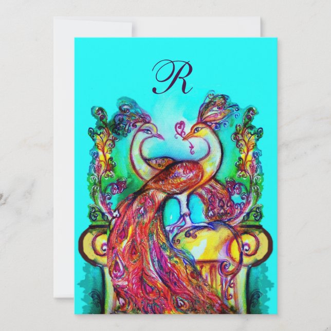 Invitación PEACOCKS EN AMOR MONOGRAMA rojo azul verde azulado (Anverso)