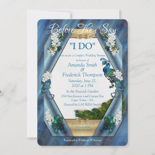 Invitación Peacocks & Esmeralda Green Metallic Seda W-Shower (Anverso)