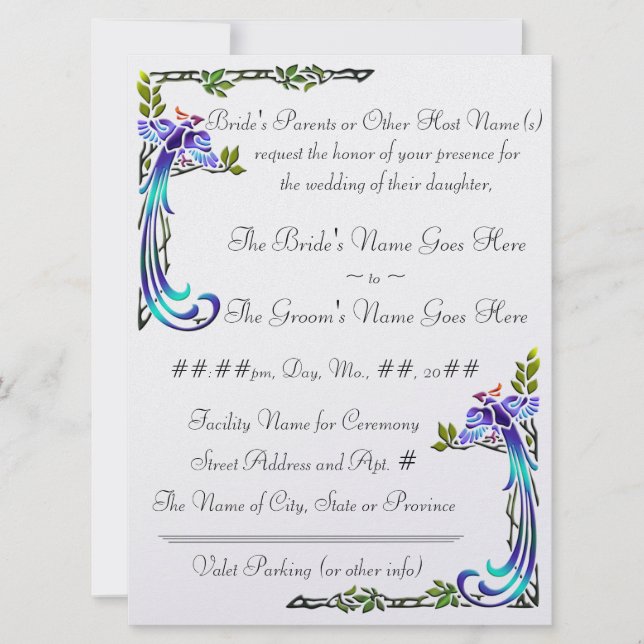 Invitación Peacocks (Invitación a la Boda Metálica) (Anverso)