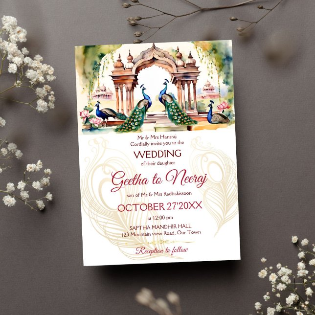 Invitación Peacocks lotus garden boda india (Peacocks in Indian Victorian lotus garden editable template invitation digital download watercolor)