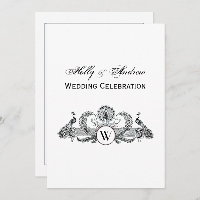 Invitación Peacocks vintage con monograma (Anverso / Reverso)