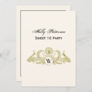 Invitación Peacocks Vintage Monograma Faux Gold Ivory BG
