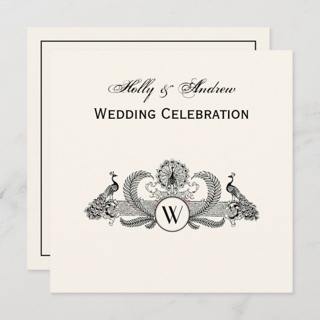 Invitación Peacocks vintage Monograma Ivory BG (Anverso / Reverso)