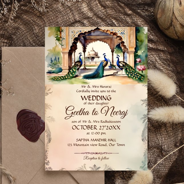 Invitación Peacocks vintage royal garden boda india (Peacocks vintage royal garden Indian wedding editable template Invitation digital download )