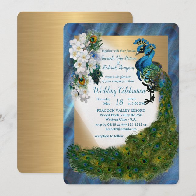 Invitación Peacocks y oro de seda y metal verde esmeralda (Anverso / Reverso)