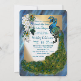 Invitación Peacocks y oro de seda y metal verde esmeralda