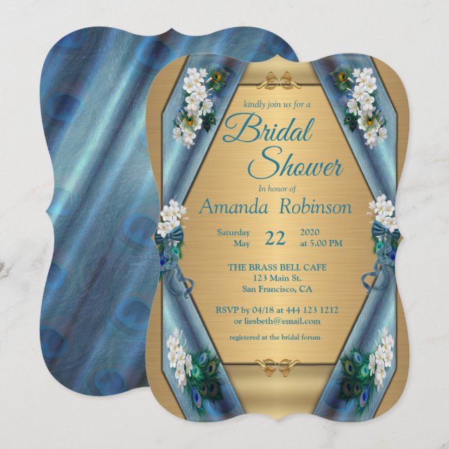 Invitación Peacocks y oro de seda y metal verde esmeralda (Anverso / Reverso)