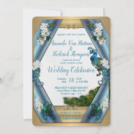 Invitación Peacocks y seda metálica verde esmeralda