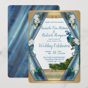 Invitación Peacocks y seda metálica verde esmeralda