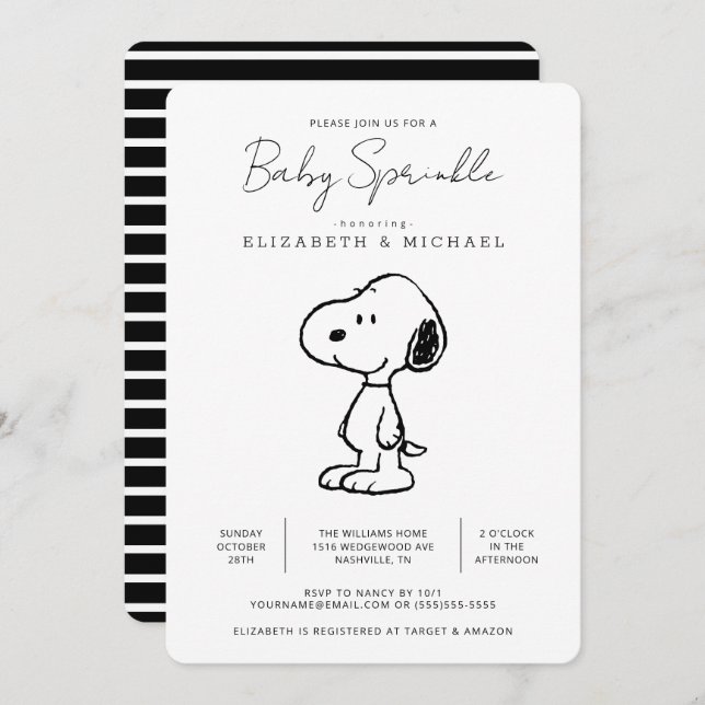 Invitación Peanus Snoopy - Bebé Sprinkle (Anverso / Reverso)