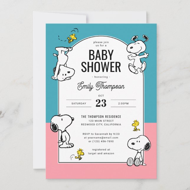 Invitación Peanus Snoopy & Woodstock Baby Shower rosa y azul (Anverso)