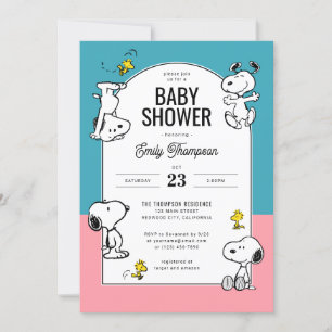 Invitación Peanus Snoopy & Woodstock Baby Shower rosa y azul