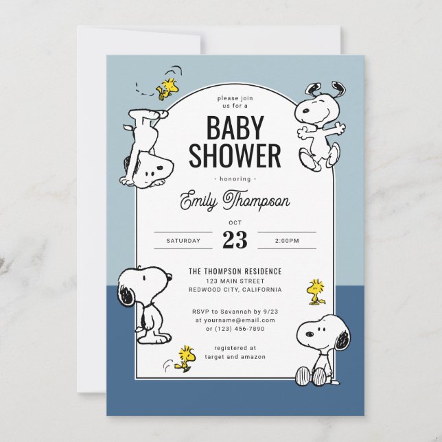 Invitación Peanus Snoopy & Woodstock Blue Baby Shower (Anverso)