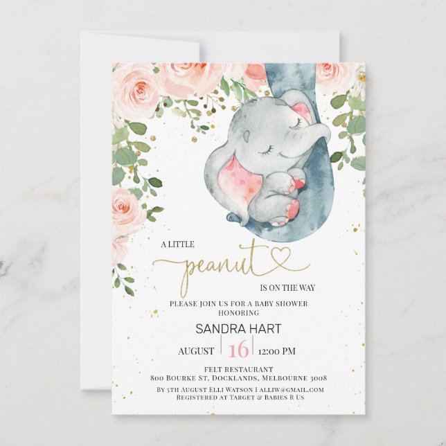 Invitación Peanut Baby Shower Chicas de Elefante Floral Rosa (Anverso)