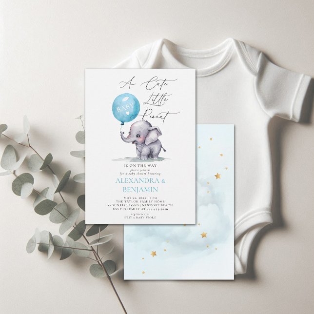 Invitación Peanut Cute Elephant Watercolor Bebé Ducha (little peanut baby shower invitation elephant balloon watercolor coed couple modern elegant cute)